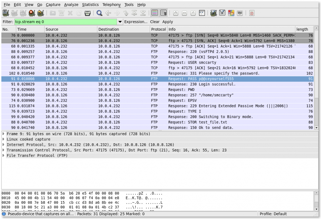 wireshark packet capture on test ftp