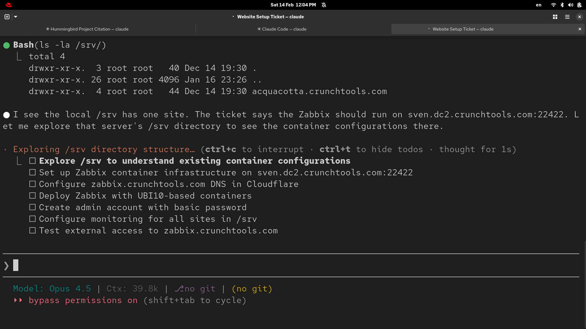 Claude Code terminal showing agentic workflow — exploring the server's /srv directory and creating a task list for Zabbix container setup