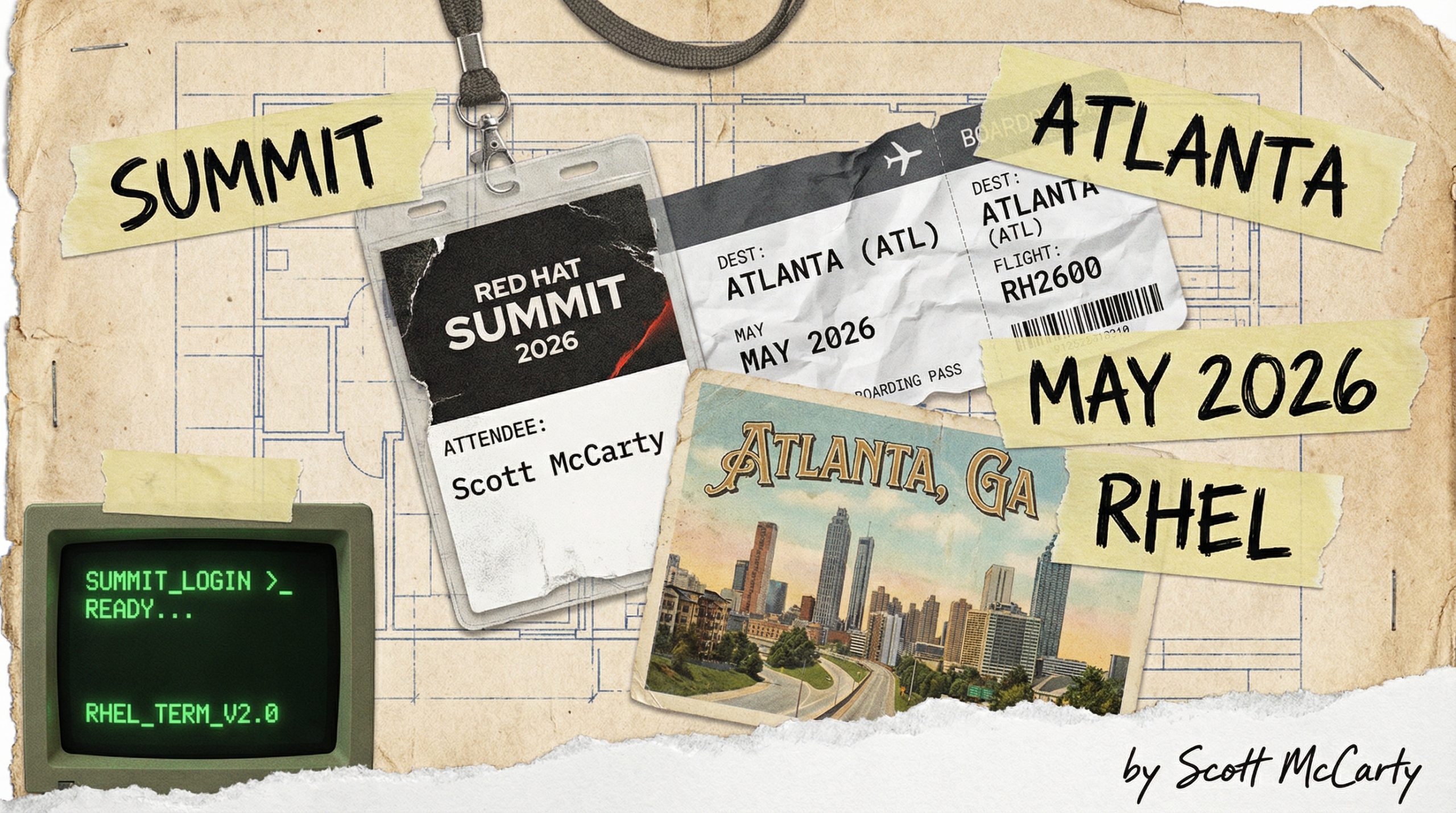 Red Hat Summit 2026 conference badge collage in 90s zine style - lanyard, boarding pass to Atlanta, vintage postcard, CRT terminal