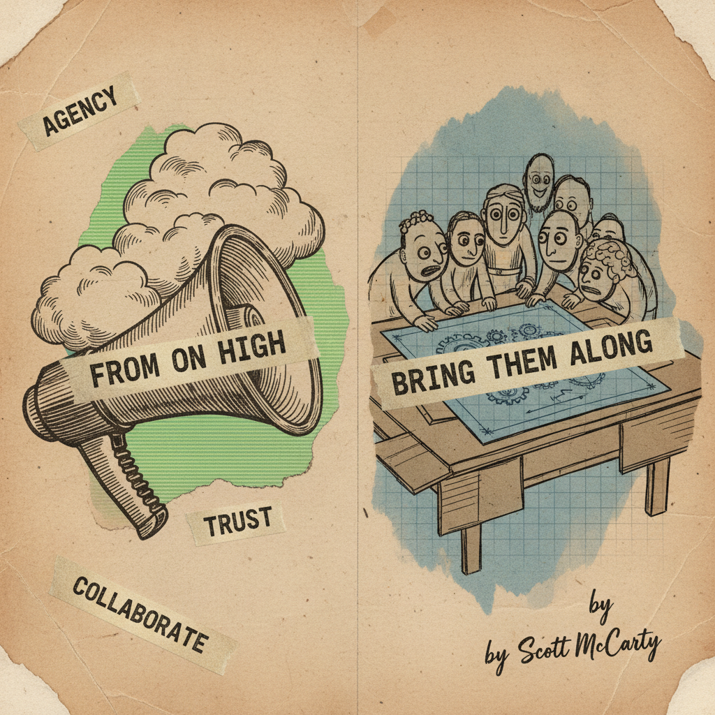 Stop Polishing the Cathedral - 90s zine collage showing megaphone from on high versus collaborative roundtable