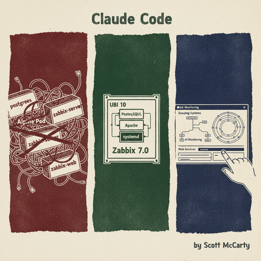 Zine-style collage showing the transformation from three chaotic Alpine containers to one clean UBI 10 Zabbix container with organized monitoring