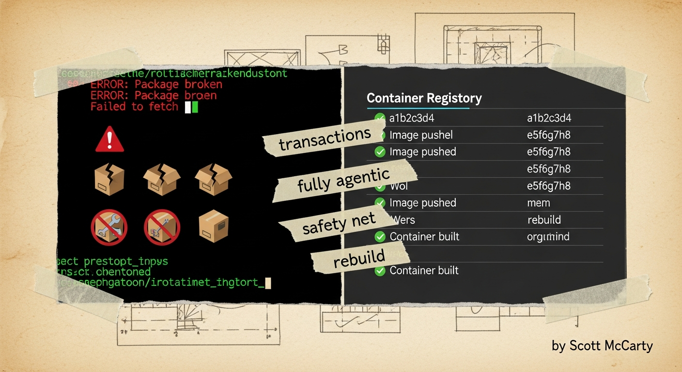image mode Gave Me the Confidence to Go Fully Agentic - thumbnail showing broken packages vs container registry