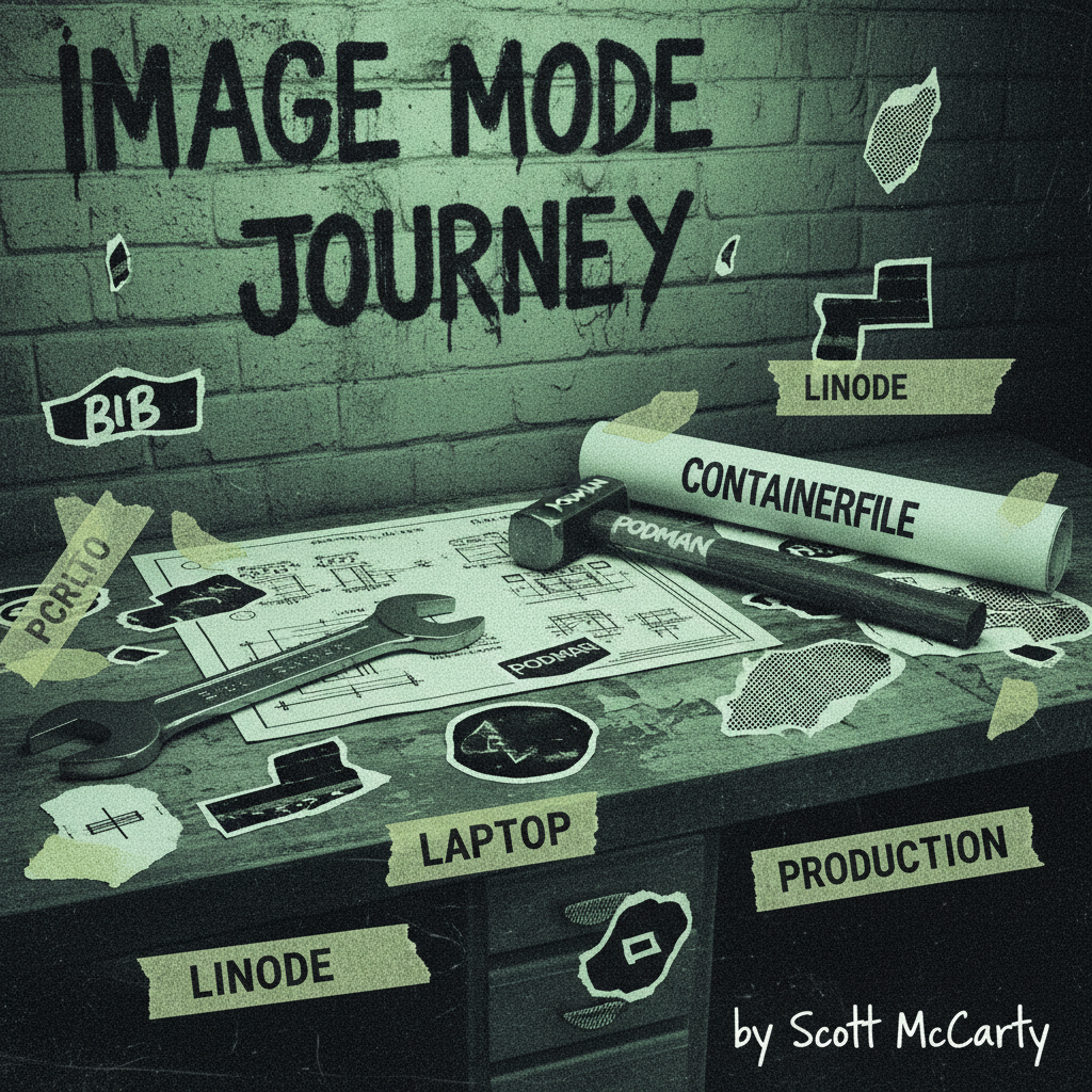 The Image Mode Journey: From Your Laptop to Production - 90s zine collage style workbench with Linux tools