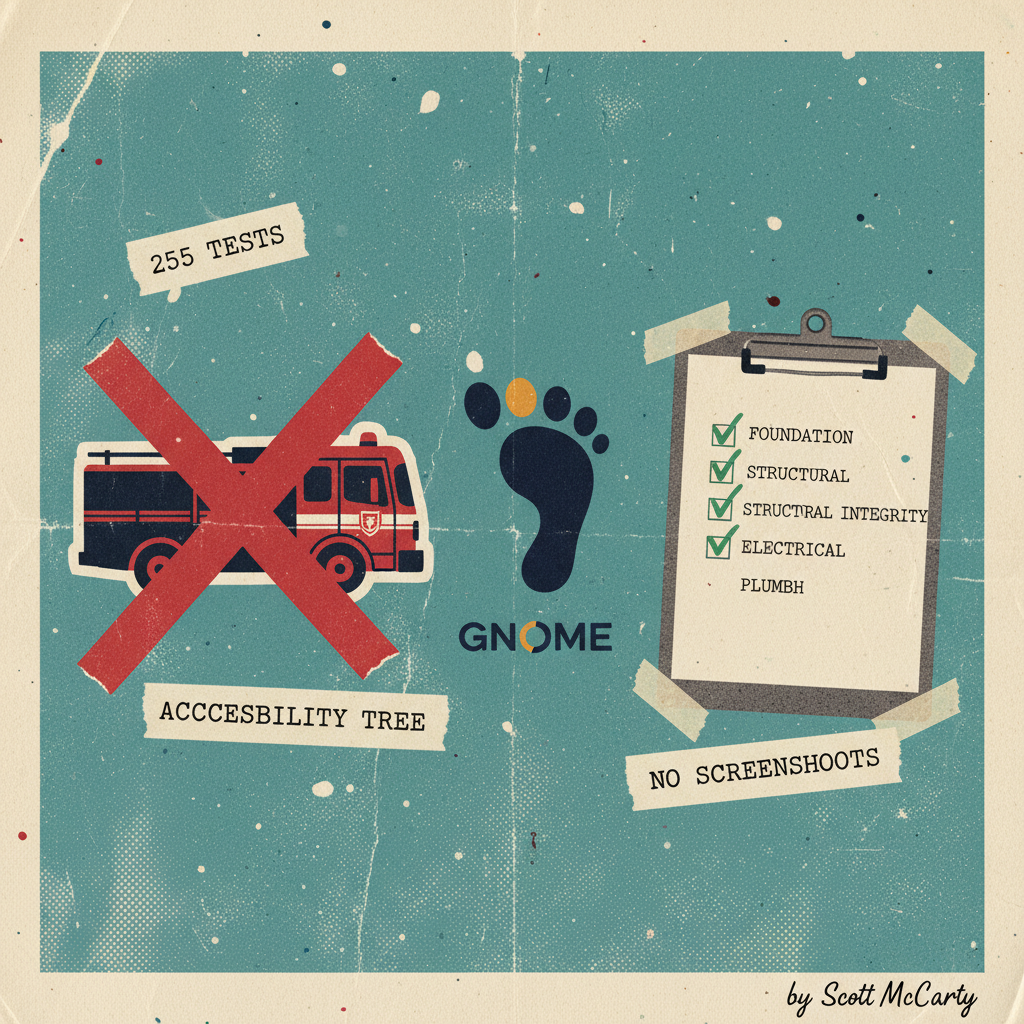 90s zine collage showing a fire truck crossed out with a red X next to a building inspector clipboard with green checkmarks and the GNOME foot logo, representing the shift from reactive bug reporting to automated desktop testing