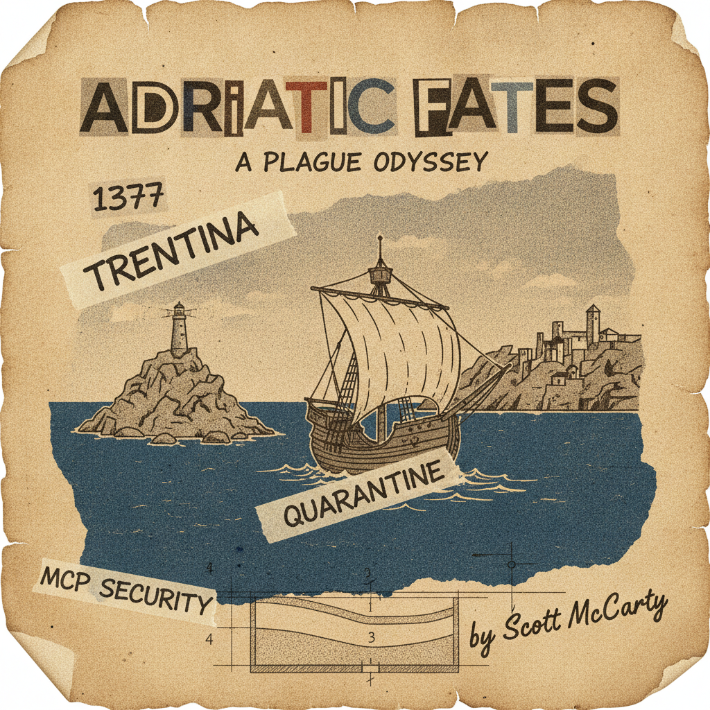 Trentina MCP security - medieval ship anchored near quarantine island off Ragusa, with torn tape labels reading Trentina, 1377, Quarantine, and MCP Security on aged parchment