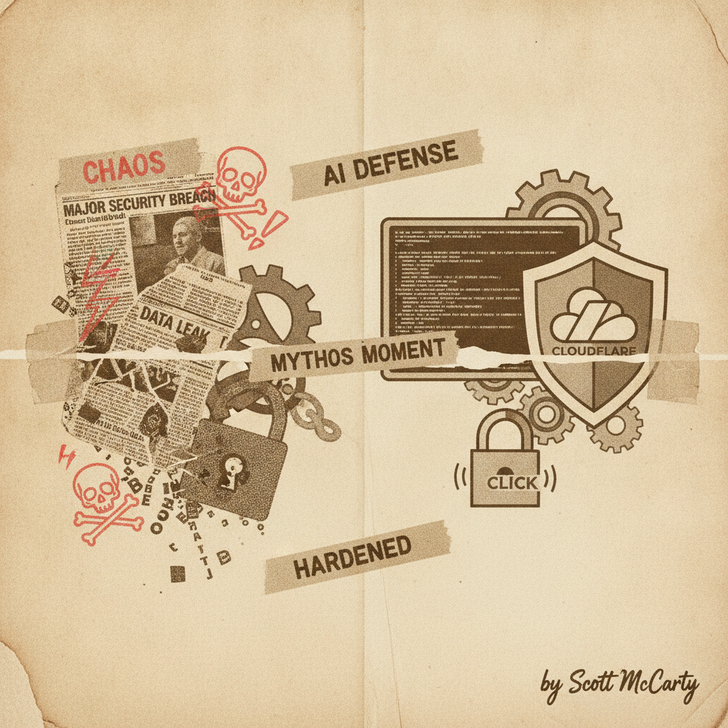 90s zine collage showing chaos of a security breach on the left transitioning to AI-hardened defense on the right, with torn tape labels reading Mythos Moment, AI Defense, and Hardened