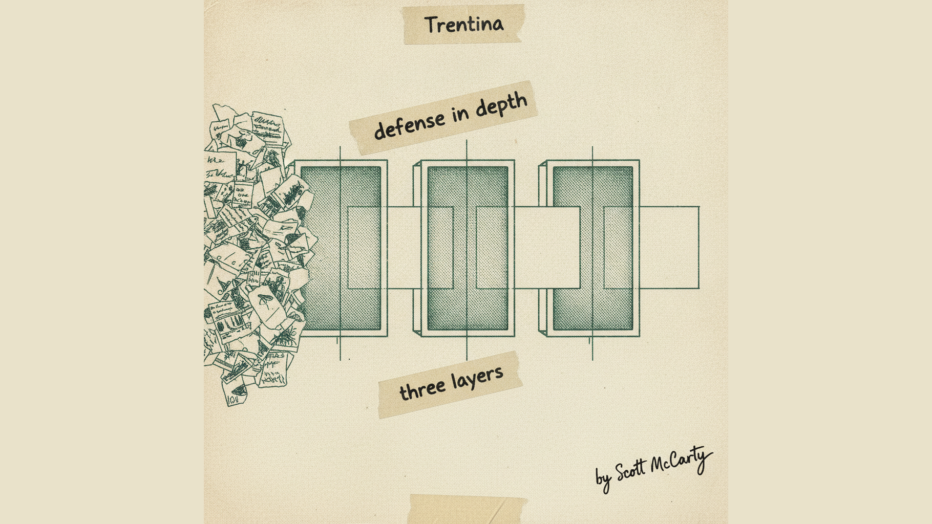 Diagram of Trentina's layered prompt injection defense filtering untrusted content through three screens before it reaches an AI agent.
