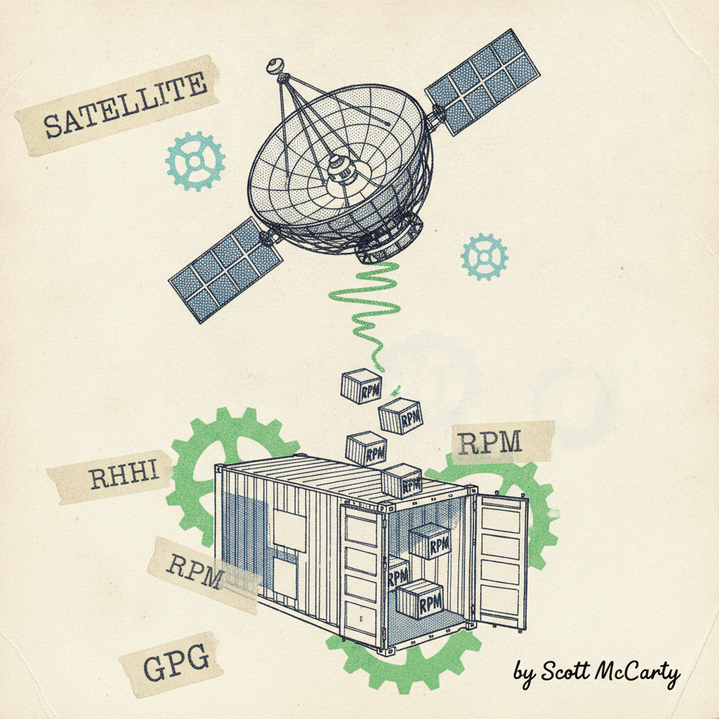 Zine-collage illustration of a satellite beaming RPM package crates into a container, thumbnail candidate
