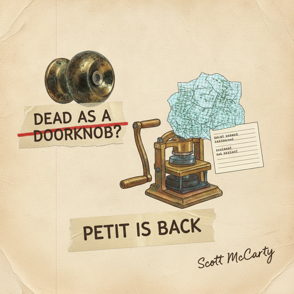 Zine collage: a brass doorknob labeled Dead as a Doorknob, crossed out, next to a crank press turning a pile of log printouts into one short card, with a Petit Is Back tape strip