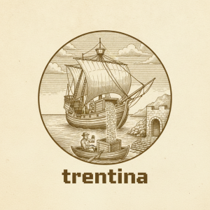 trentina: a medieval merchant ship anchored offshore while an inspector in a rowboat checks each crate of code before it reaches the harbor gate